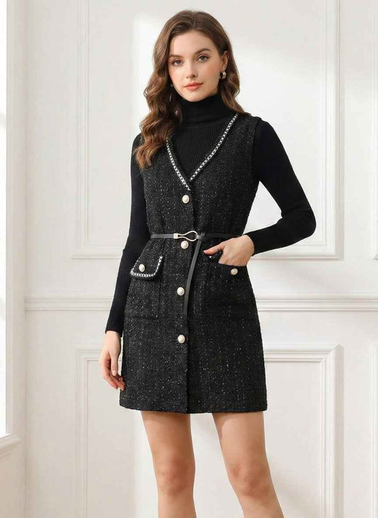 Elegant Tweed Vest Dress Set | 2-Piece with Inner Top & Belt