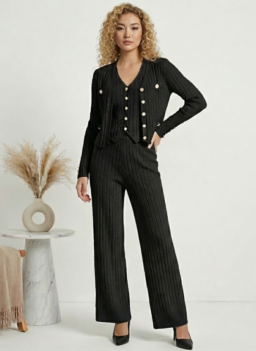 Elegant Ribbed Woolen 3-Piece Co-ord Set | Cardigan, Vest & Pants