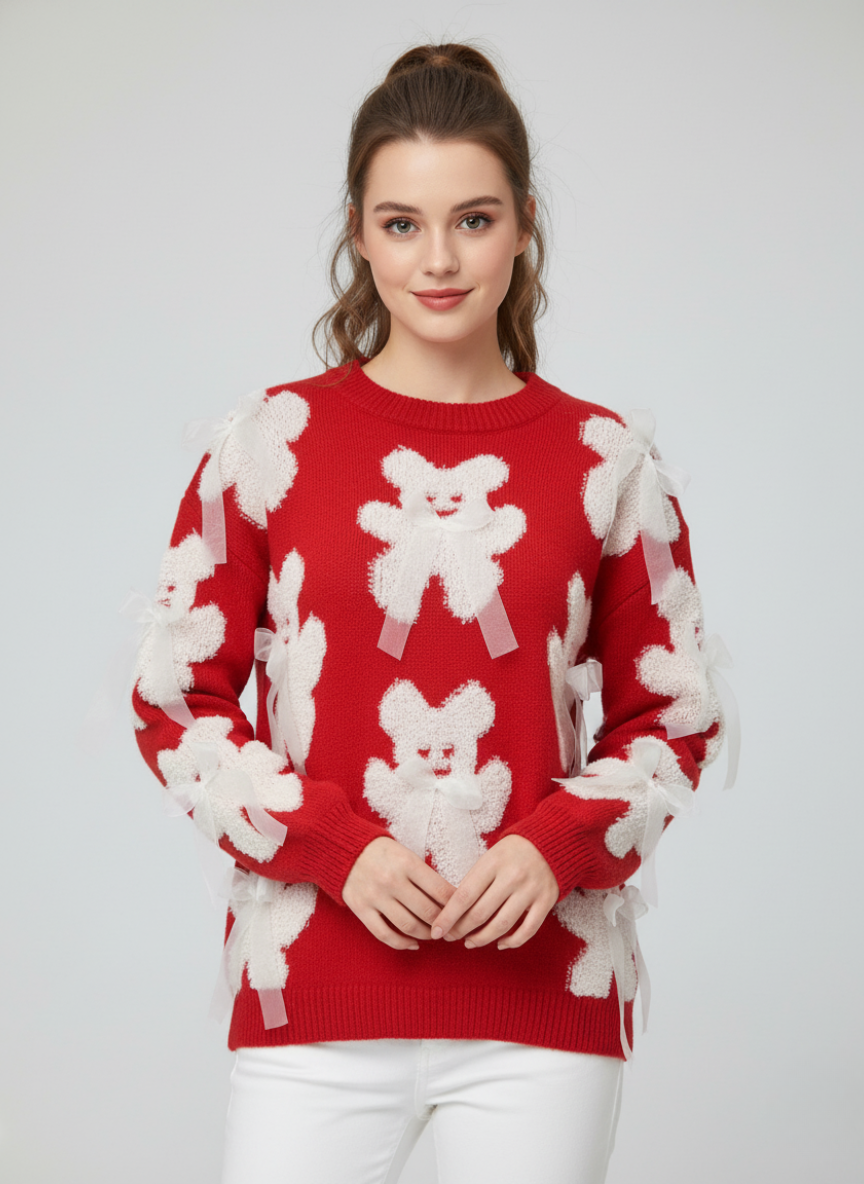 D Bow Teddy Bear Sweater | Playful Embellished Knit Pullover