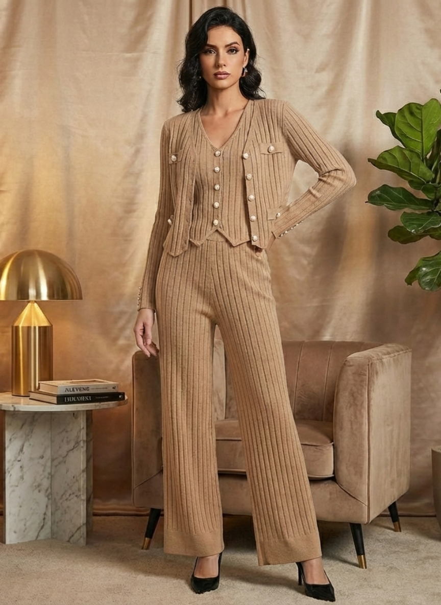 Elegant Ribbed Woolen 3-Piece Co-ord Set | Cardigan, Vest & Pants