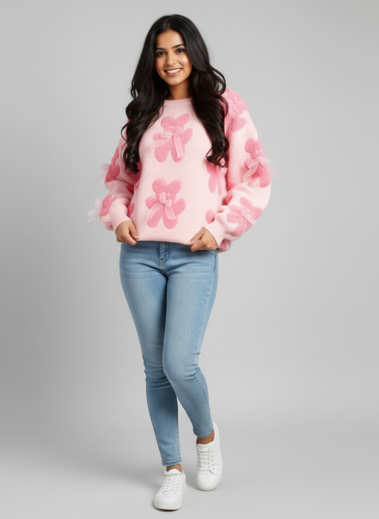 D Bow Teddy Bear Sweater | Playful Embellished Knit Pullover