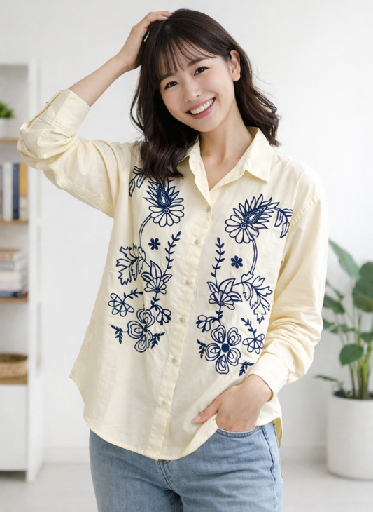 Artistic Floral Embroidered Cotton Shirt | Button-Down Long Sleeve Top