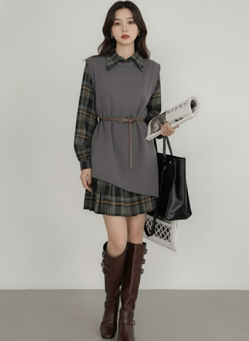 Women's 2-Piece Plaid Shirt Dress & Knit Vest Set