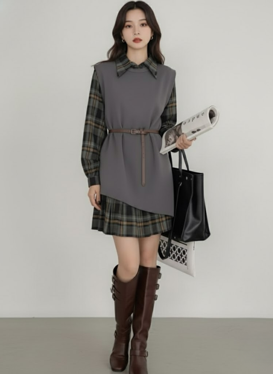 Women's 2-Piece Plaid Shirt Dress & Knit Vest Set