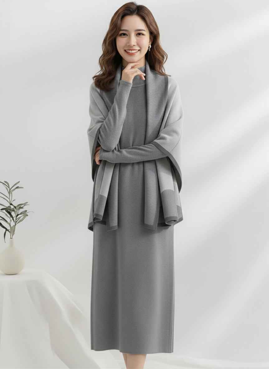 Elegant Knit Midi Dress with Matching Shawl