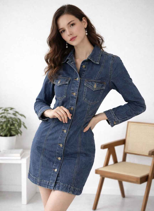 Classic Fitted Button-Down Denim Dress | Long Sleeve Jean Mini