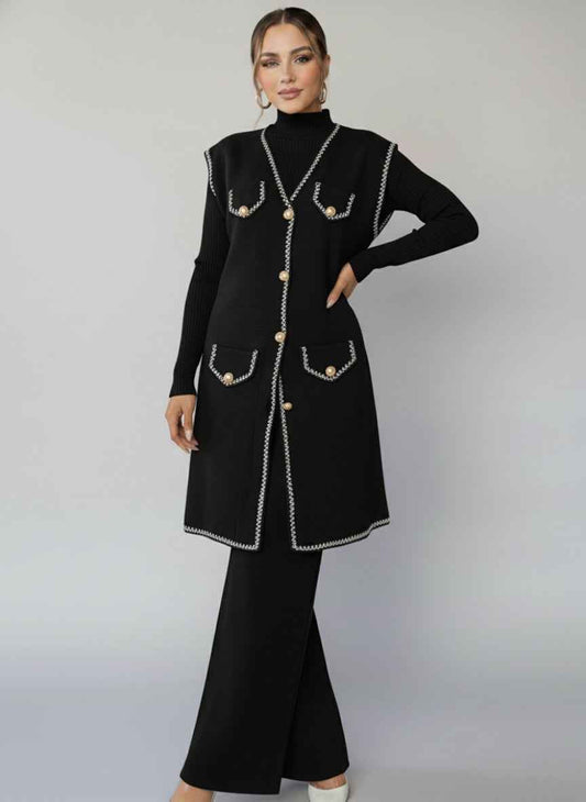 Elegant 3-Piece Woolen Knit Set | Vest, Turtleneck & Pants