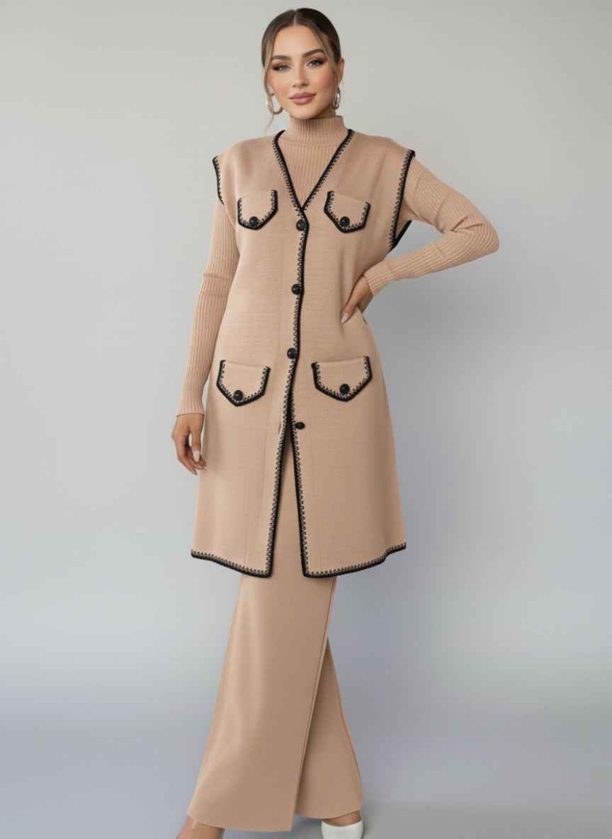 Elegant 3-Piece Woolen Knit Set | Vest, Turtleneck & Pants