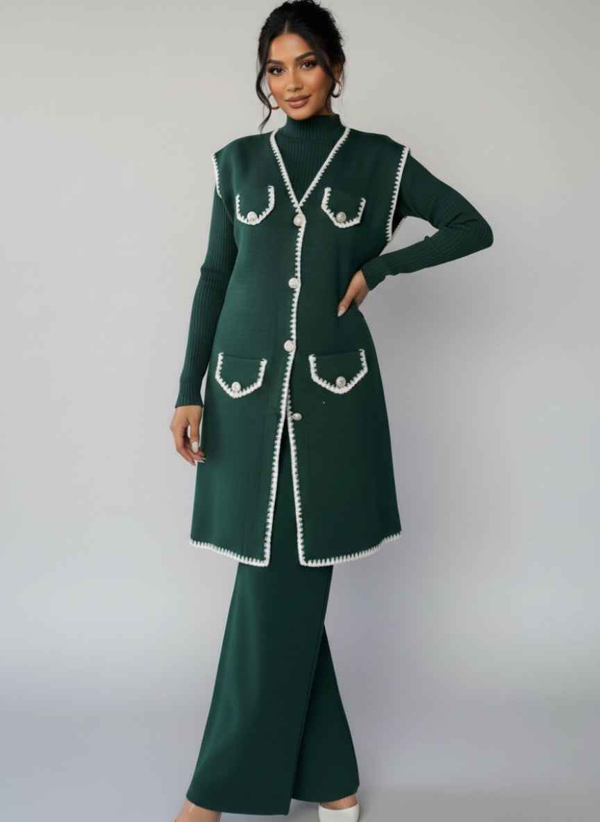 Elegant 3-Piece Woolen Knit Set | Vest, Turtleneck & Pants