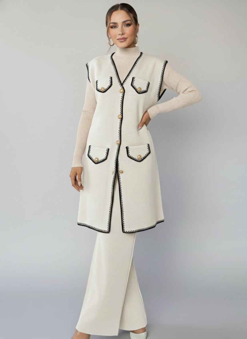 Elegant 3-Piece Woolen Knit Set | Vest, Turtleneck & Pants