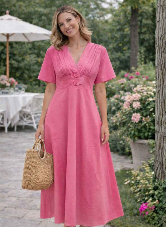 Elegant Solid Cotton Midi Dress | V-Neck Western Wear