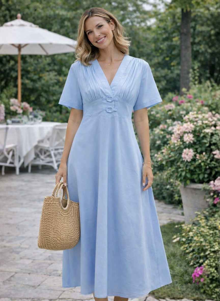 Elegant Solid Cotton Midi Dress | V-Neck Western Wear