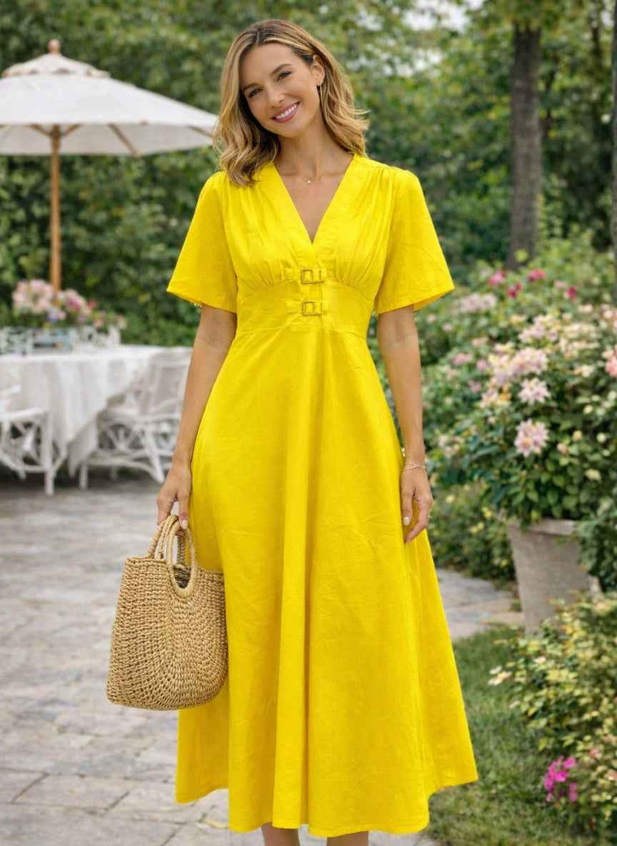 Elegant Solid Cotton Midi Dress | V-Neck Western Wear