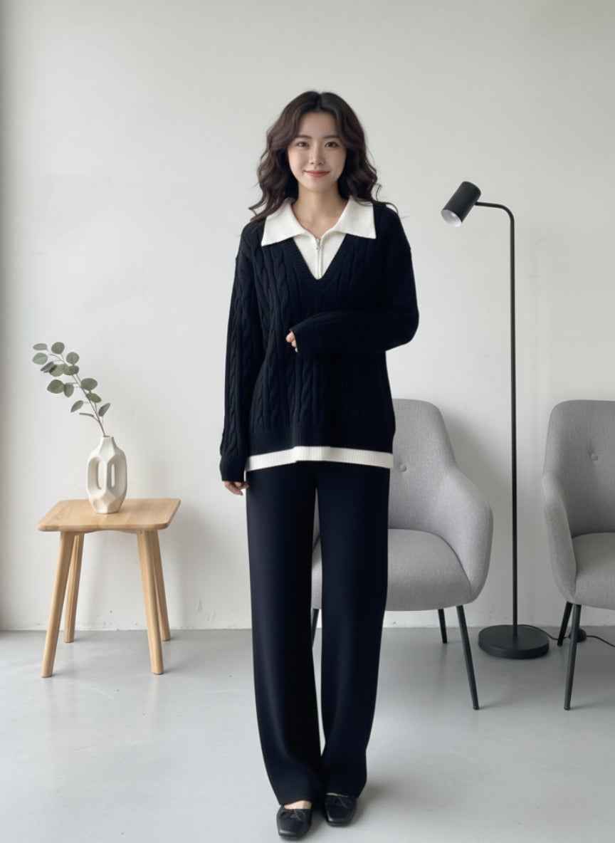 Imported Faux-Layered Cable Knit Co-ord Set | Preppy Collar Sweater & Pants