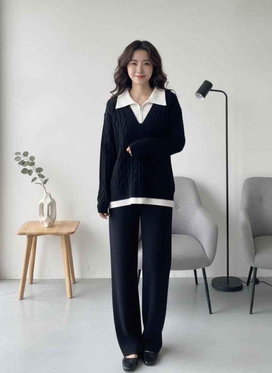 Imported Faux-Layered Cable Knit Co-ord Set | Preppy Collar Sweater & Pants