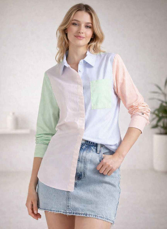 Pastel Color-Block Striped Cotton Shirt | Long Sleeve Button-Down