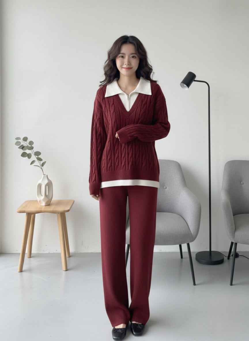 Imported Faux-Layered Cable Knit Co-ord Set | Preppy Collar Sweater & Pants