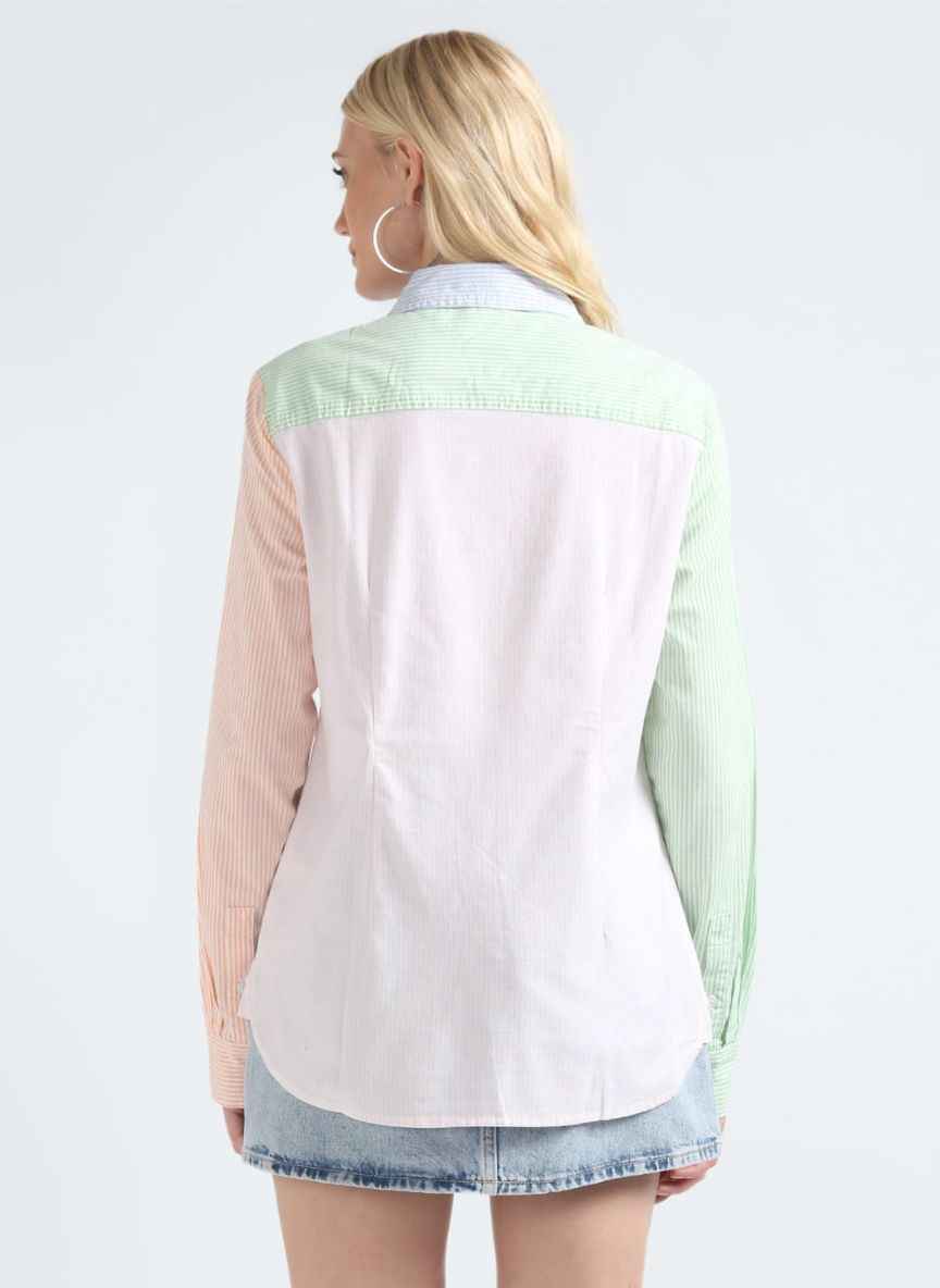 Pastel Color-Block Striped Cotton Shirt | Long Sleeve Button-Down