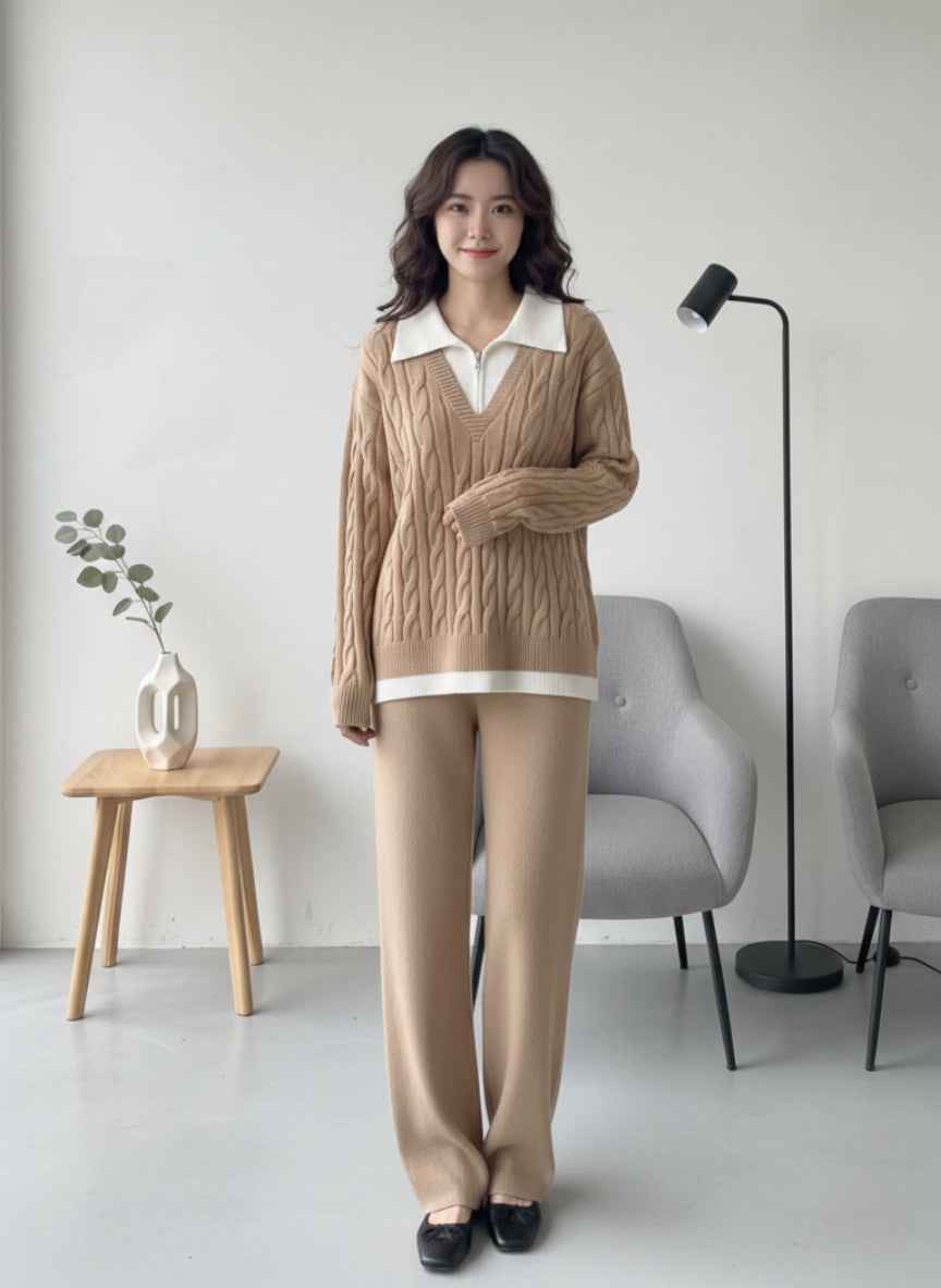 Imported Faux-Layered Cable Knit Co-ord Set | Preppy Collar Sweater & Pants