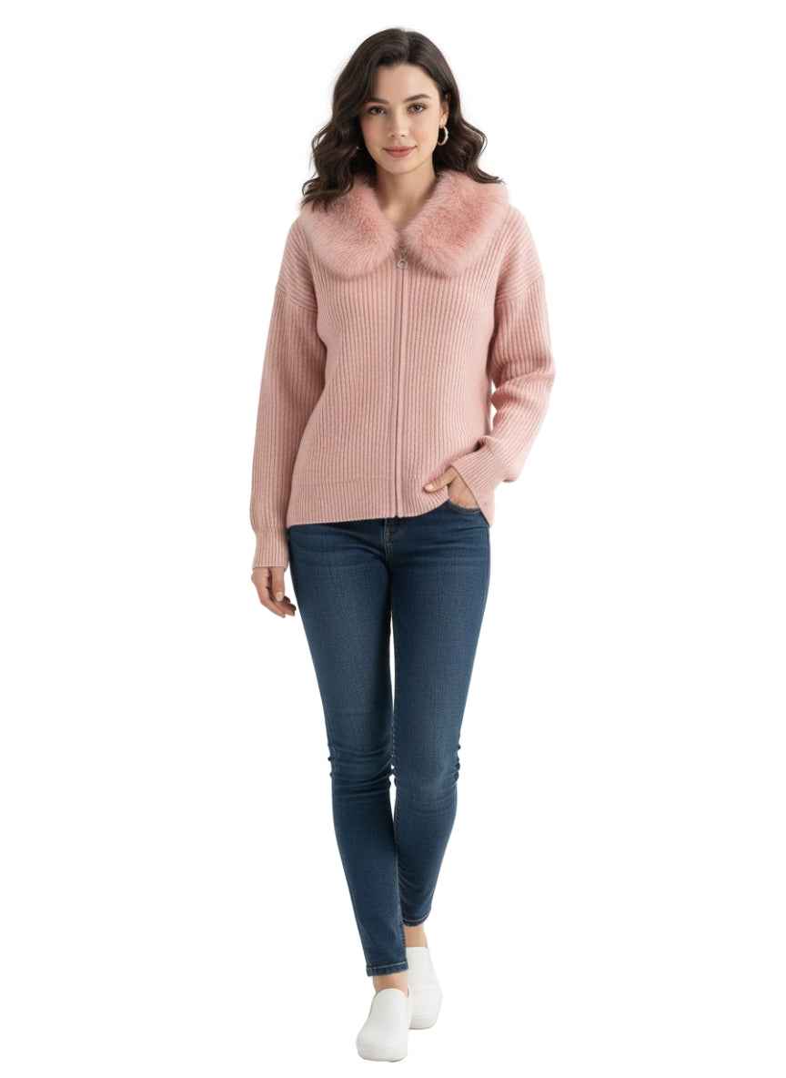 Women's Faux Fur Collar Zip-Front Cardigan | Ribbed Knit Sweater