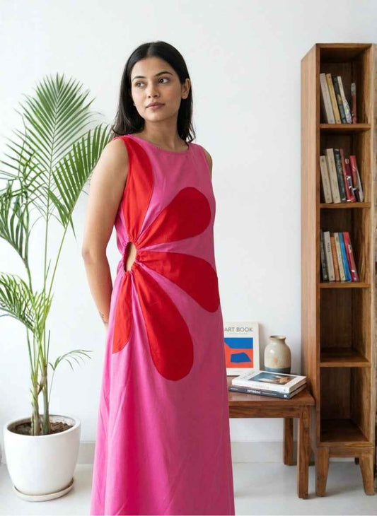 Imported Bold Floral Cut-Out Midi Dress | Sleeveless Statement Piece