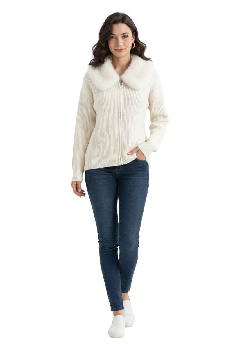 Women's Faux Fur Collar Zip-Front Cardigan | Ribbed Knit Sweater