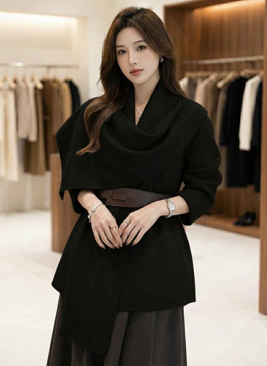Chic Korean Woolen Poncho with Statement Belt | Elegant Cape Top