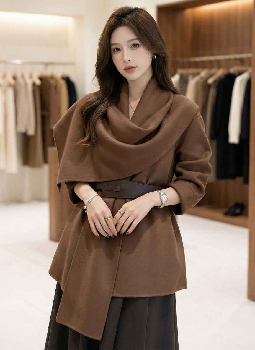 Chic Korean Woolen Poncho with Statement Belt | Elegant Cape Top