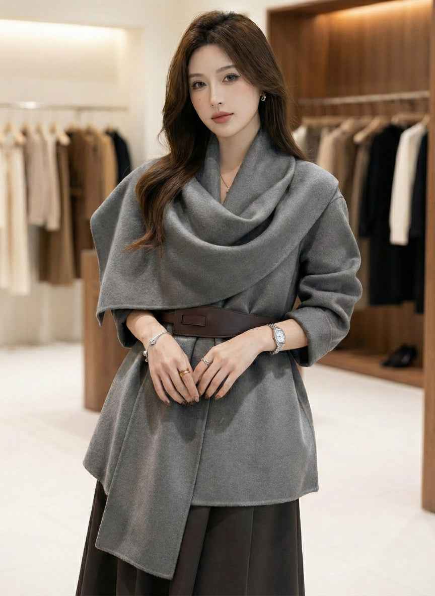 Chic Korean Woolen Poncho with Statement Belt | Elegant Cape Top