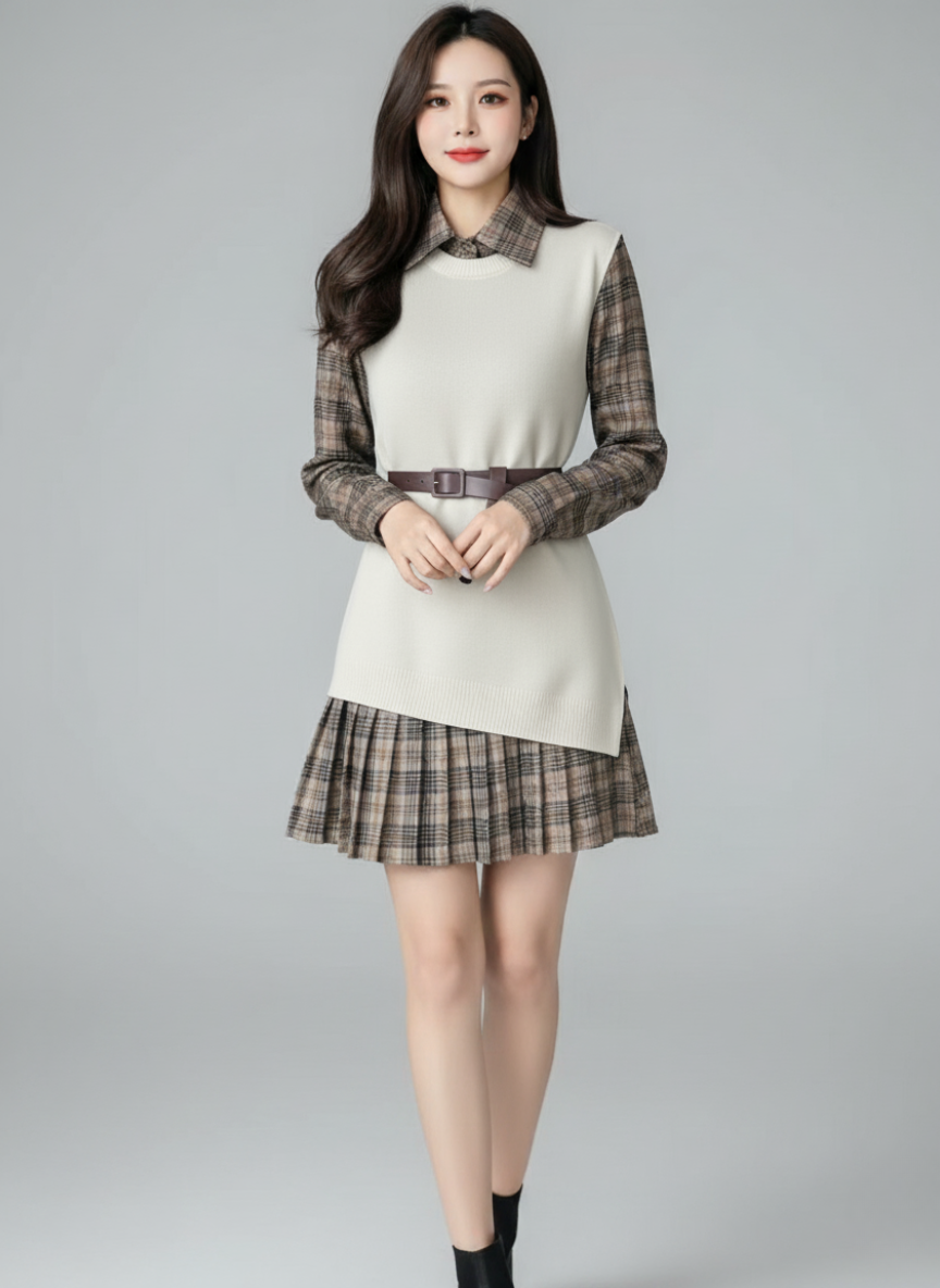 Women's 2-Piece Plaid Shirt Dress & Knit Vest Set