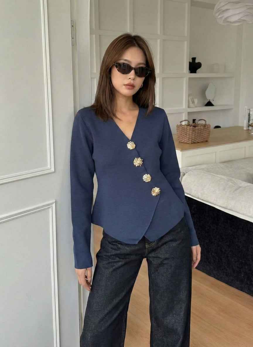 Elegant V-Neck Woolen Cardigan with Asymmetric Golden Buttons