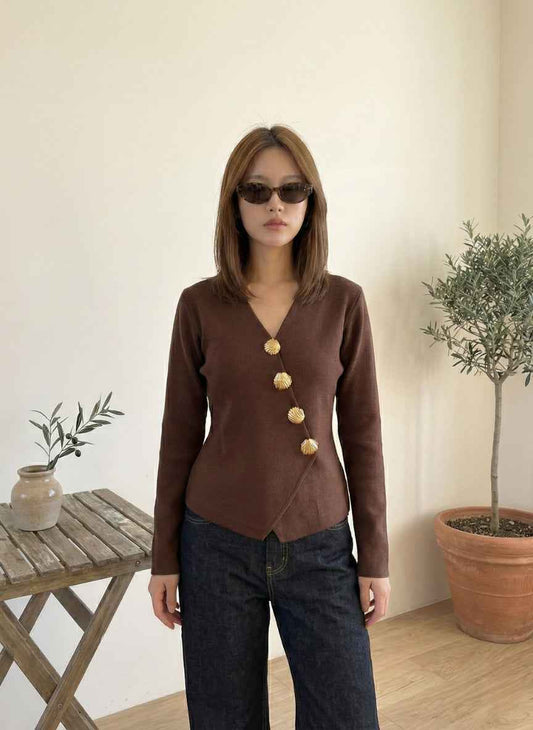 Elegant V-Neck Woolen Cardigan with Asymmetric Golden Buttons