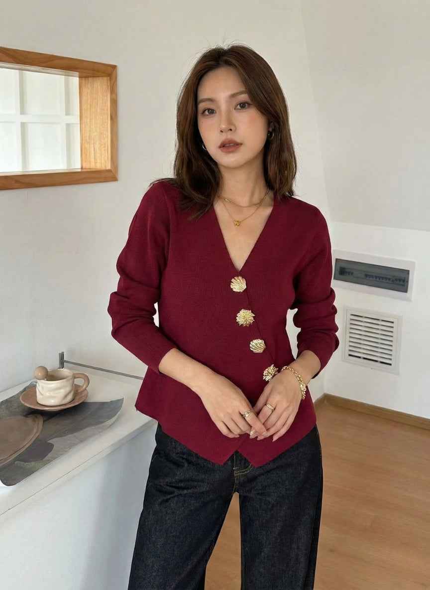 Elegant V-Neck Woolen Cardigan with Asymmetric Golden Buttons