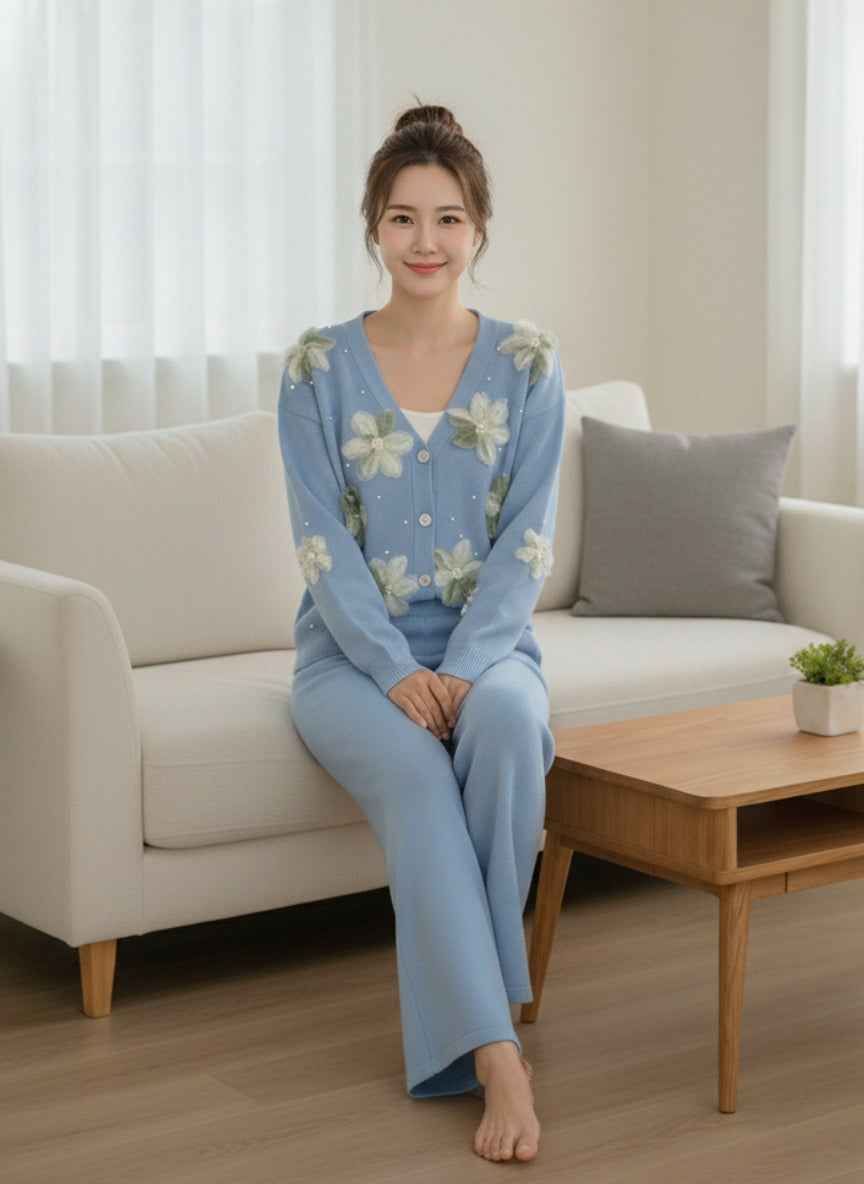 Imported 3D Flower Co-ord Set | Women's Luxury 2-Piece Knitwear