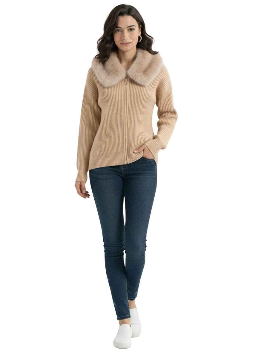 Women's Faux Fur Collar Zip-Front Cardigan | Ribbed Knit Sweater