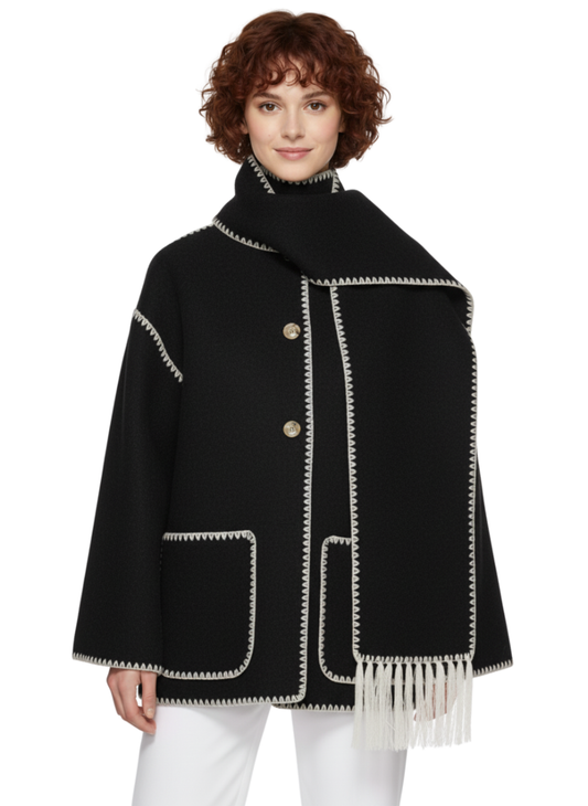 Oversized Artisan Coat with Fringed Stole