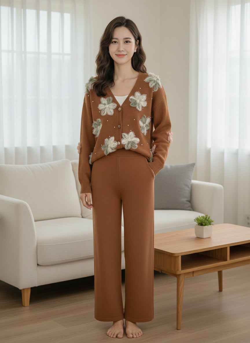 Imported 3D Flower Co-ord Set | Women's Luxury 2-Piece Knitwear