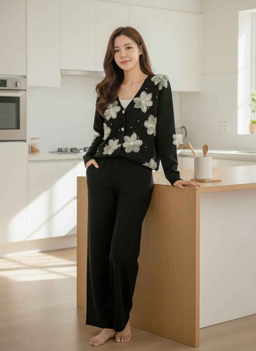 Imported 3D Flower Co-ord Set | Women's Luxury 2-Piece Knitwear