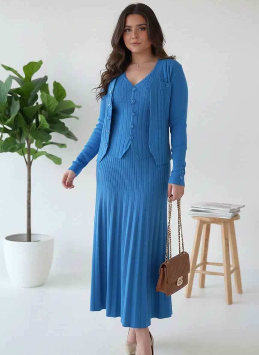 Women's Imported 3-Piece cord-set | Cardigan, Vest & Midi Skirt