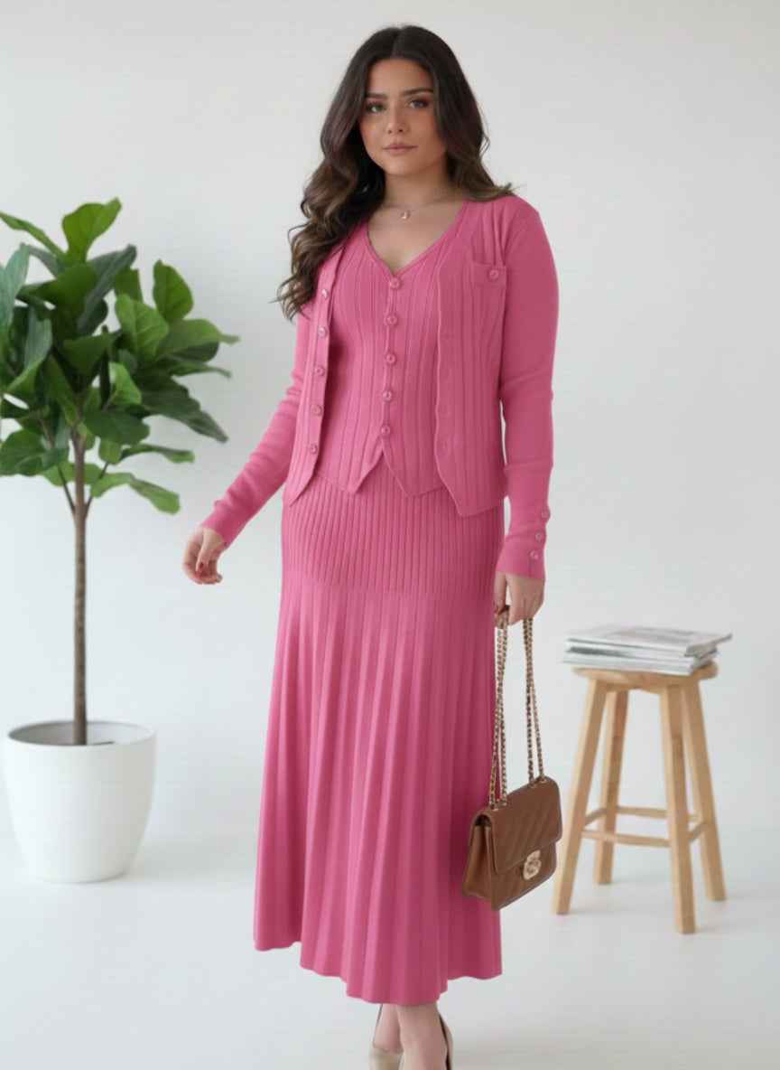 Women's Imported 3-Piece cord-set | Cardigan, Vest & Midi Skirt