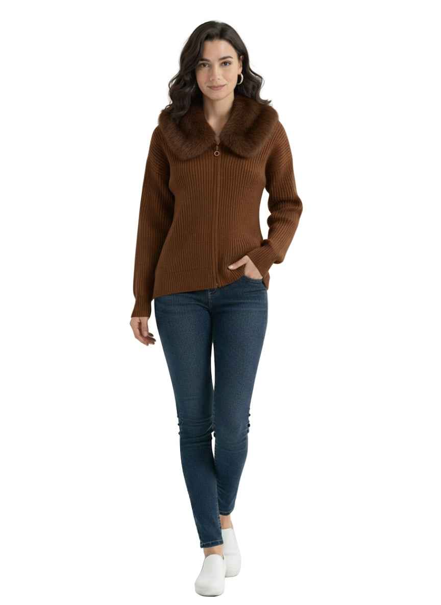 Women's Faux Fur Collar Zip-Front Cardigan | Ribbed Knit Sweater