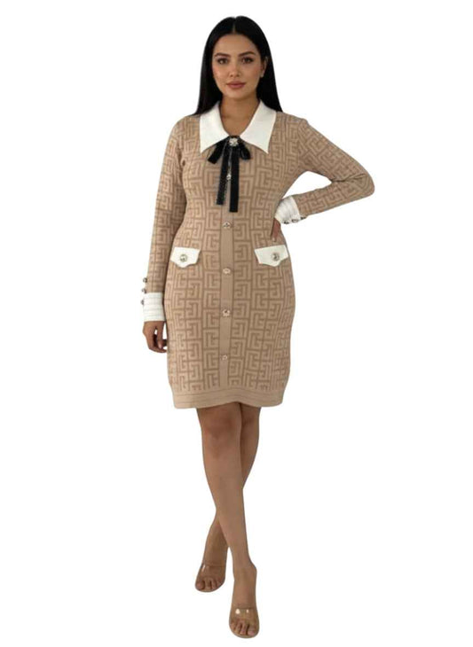 Women's Preppy Knit Cardigan Dress with Contrast Collar & Bow