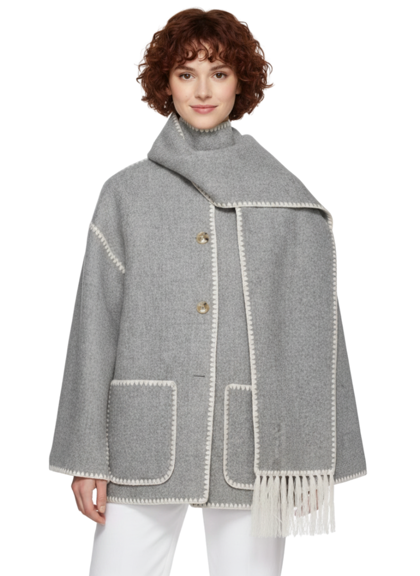 Oversized Artisan Coat with Fringed Stole