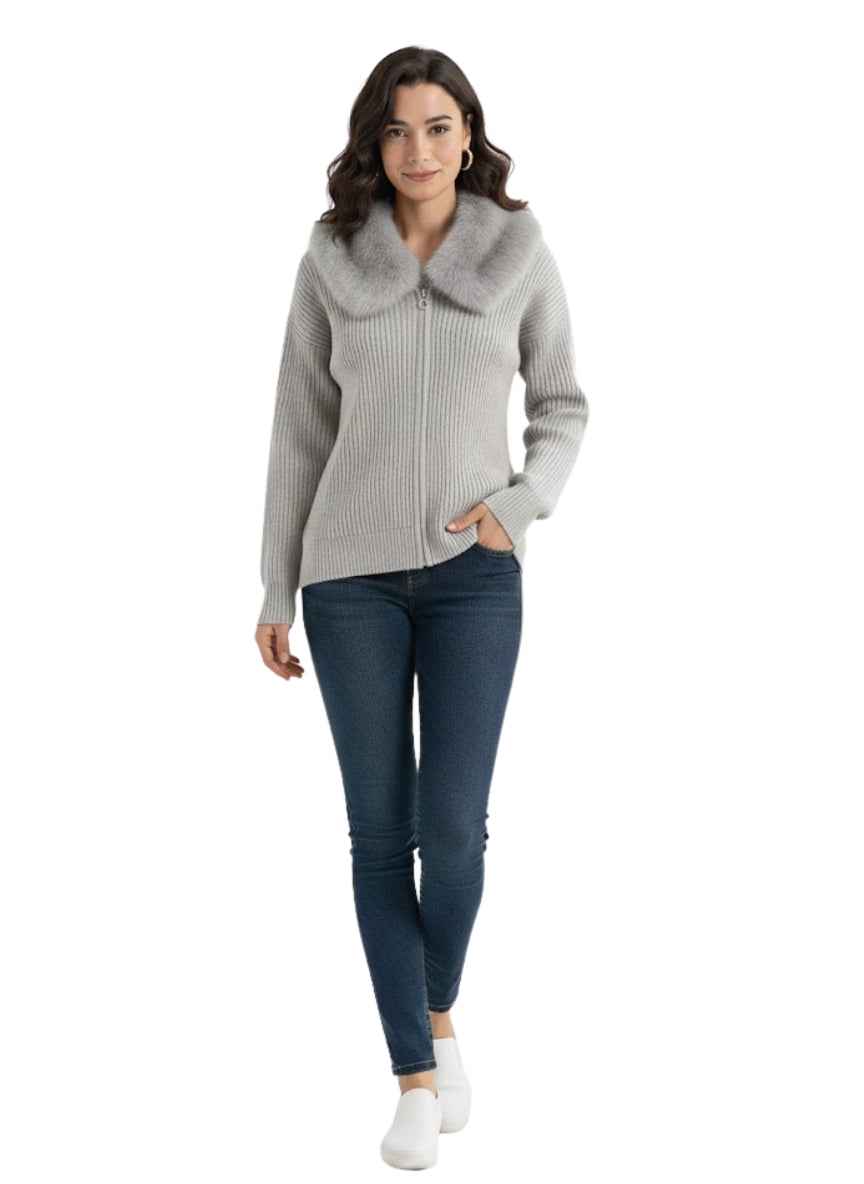 Women's Faux Fur Collar Zip-Front Cardigan | Ribbed Knit Sweater