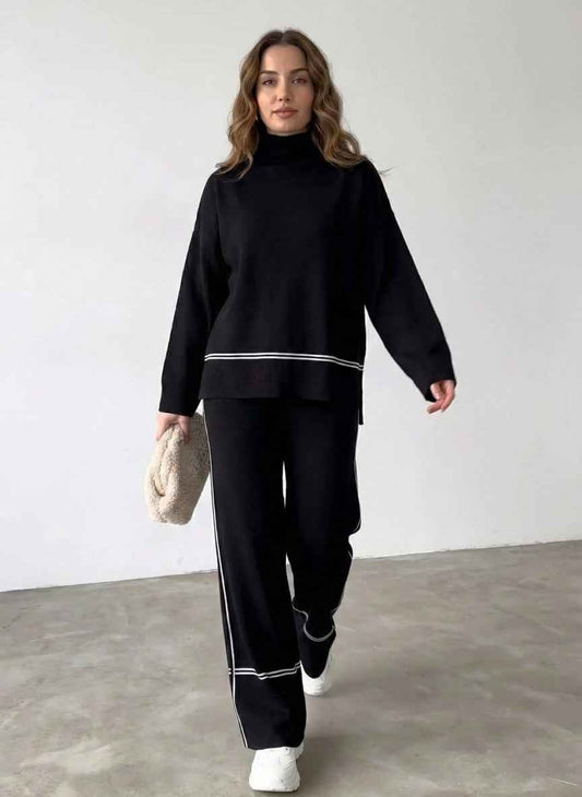 Sporty-Chic Striped Co-ord Set | High Neck Top & Wide-Leg Pants
