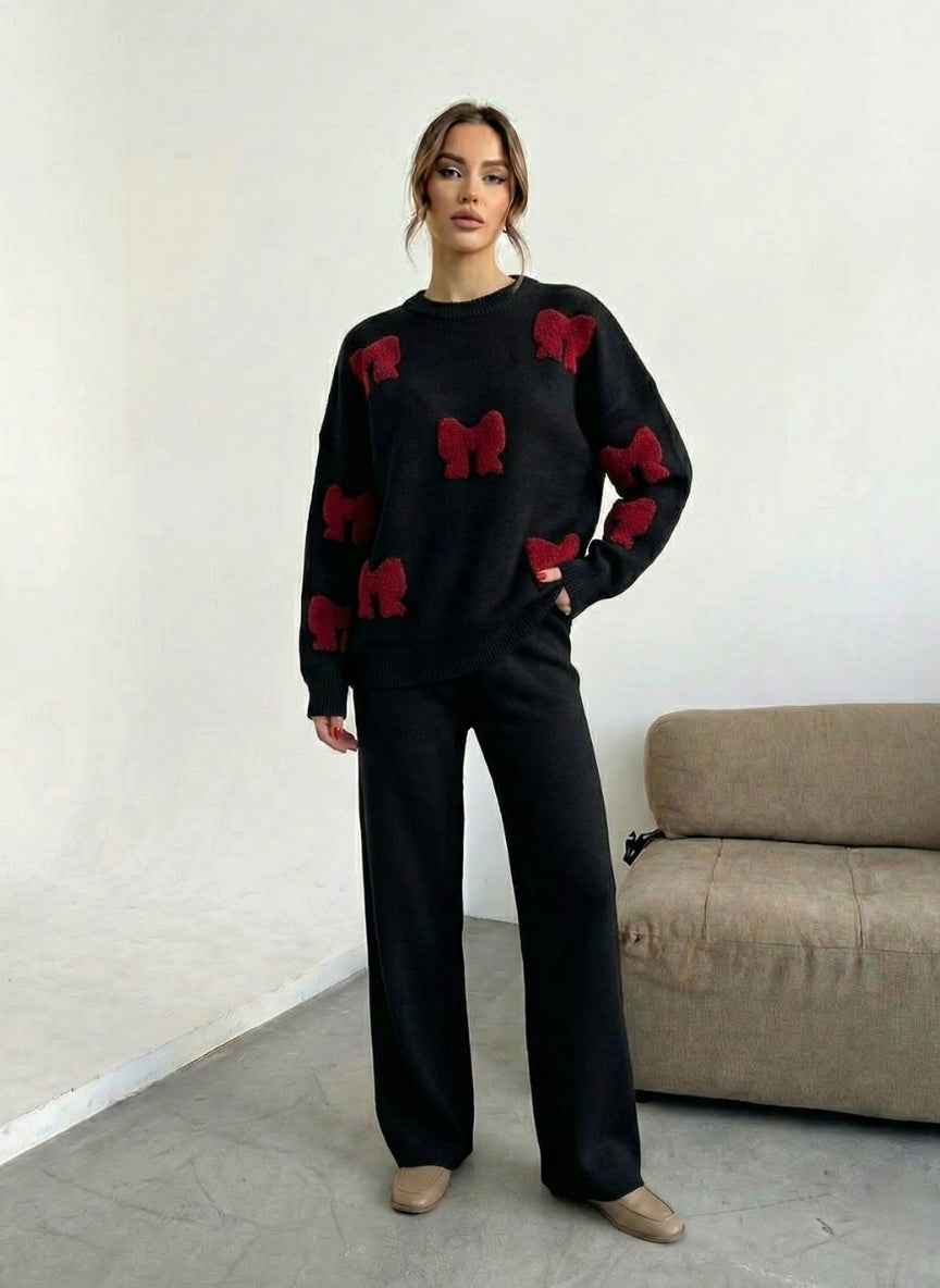 Trendy Bow Pattern Co-ord Set | Textured Sweater & Wide-Leg Pants
