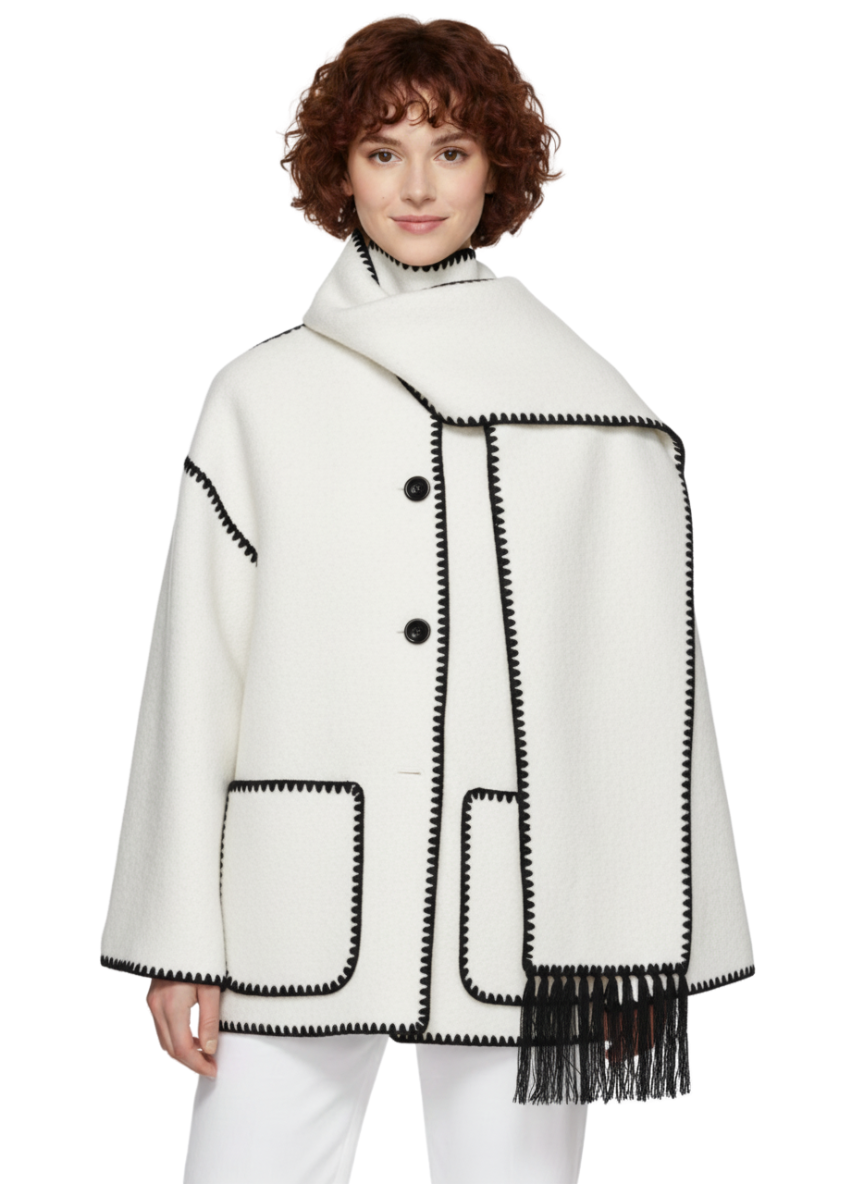 Oversized Artisan Coat with Fringed Stole