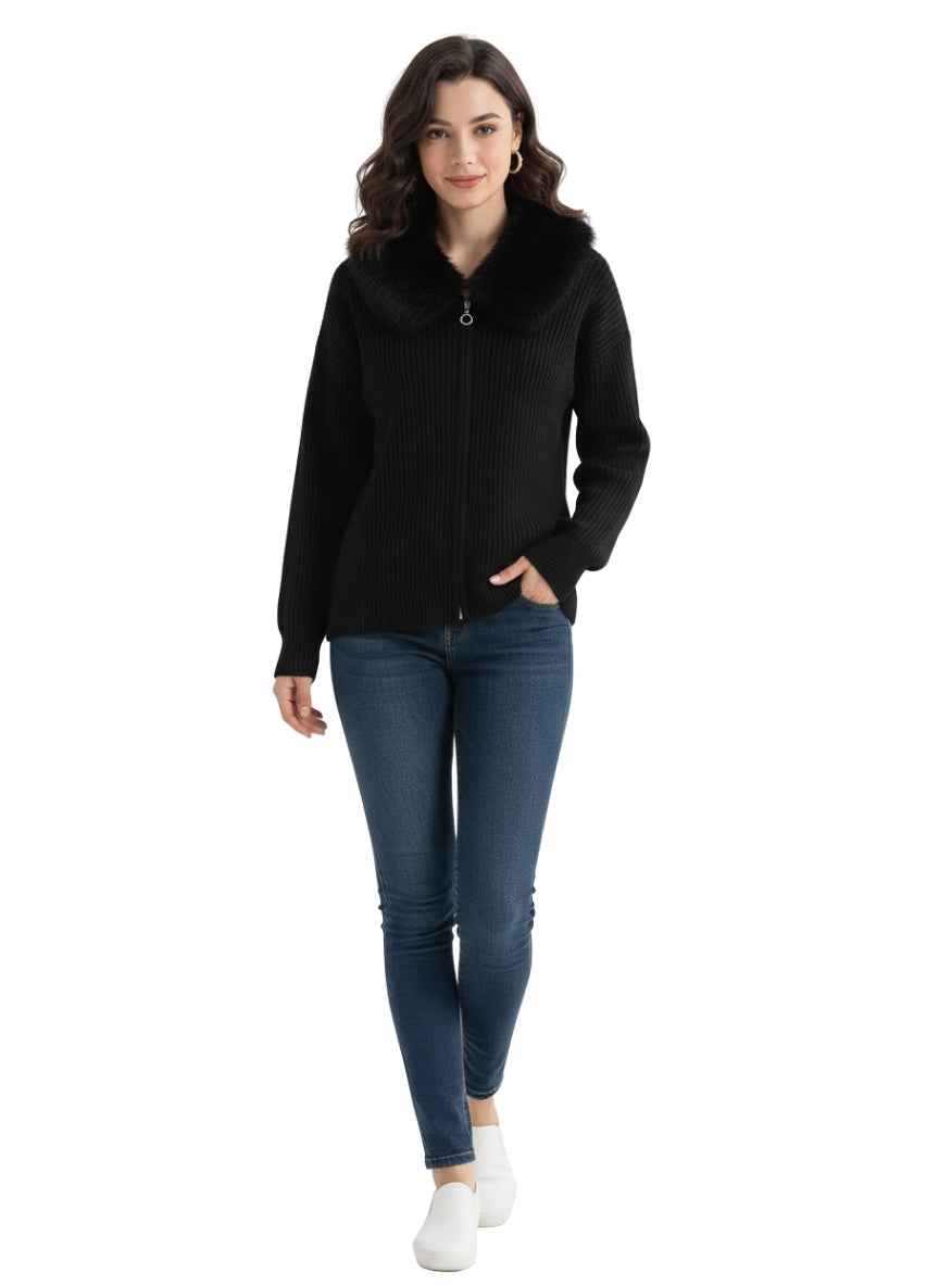 Women's Faux Fur Collar Zip-Front Cardigan | Ribbed Knit Sweater