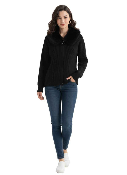 Women's Faux Fur Collar Zip-Front Cardigan | Ribbed Knit Sweater