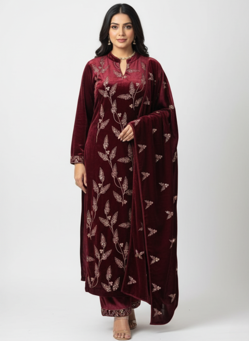 Premium Maroon Embroidered Velvet Kurta Set with Dupatta